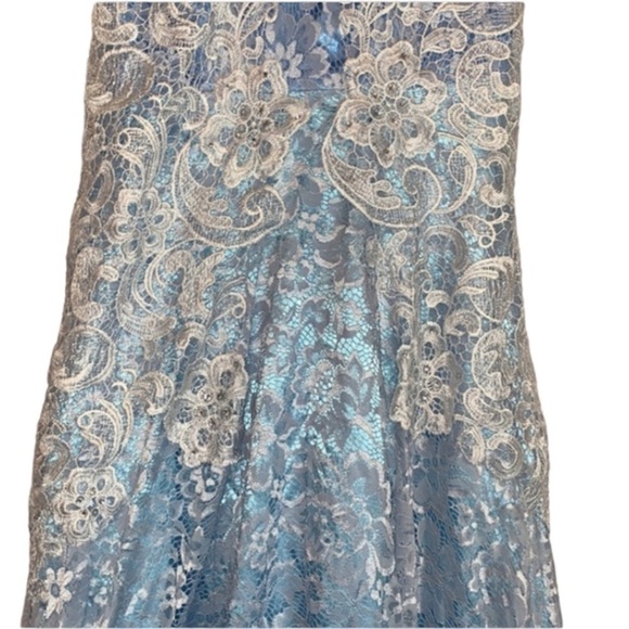 Maxi Gown Backless Light Blue Sz S Illusion Neckline Light Blue Lace Maxi Dress - Picture 5 of 10